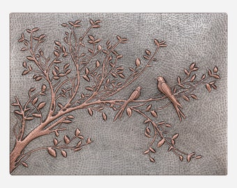 Birds on Tree Branches Copper Art, Handmade Copper Tile for Fireplace, Custom Kitchen Backsplash, Indoor&Outdoor Wall Decor