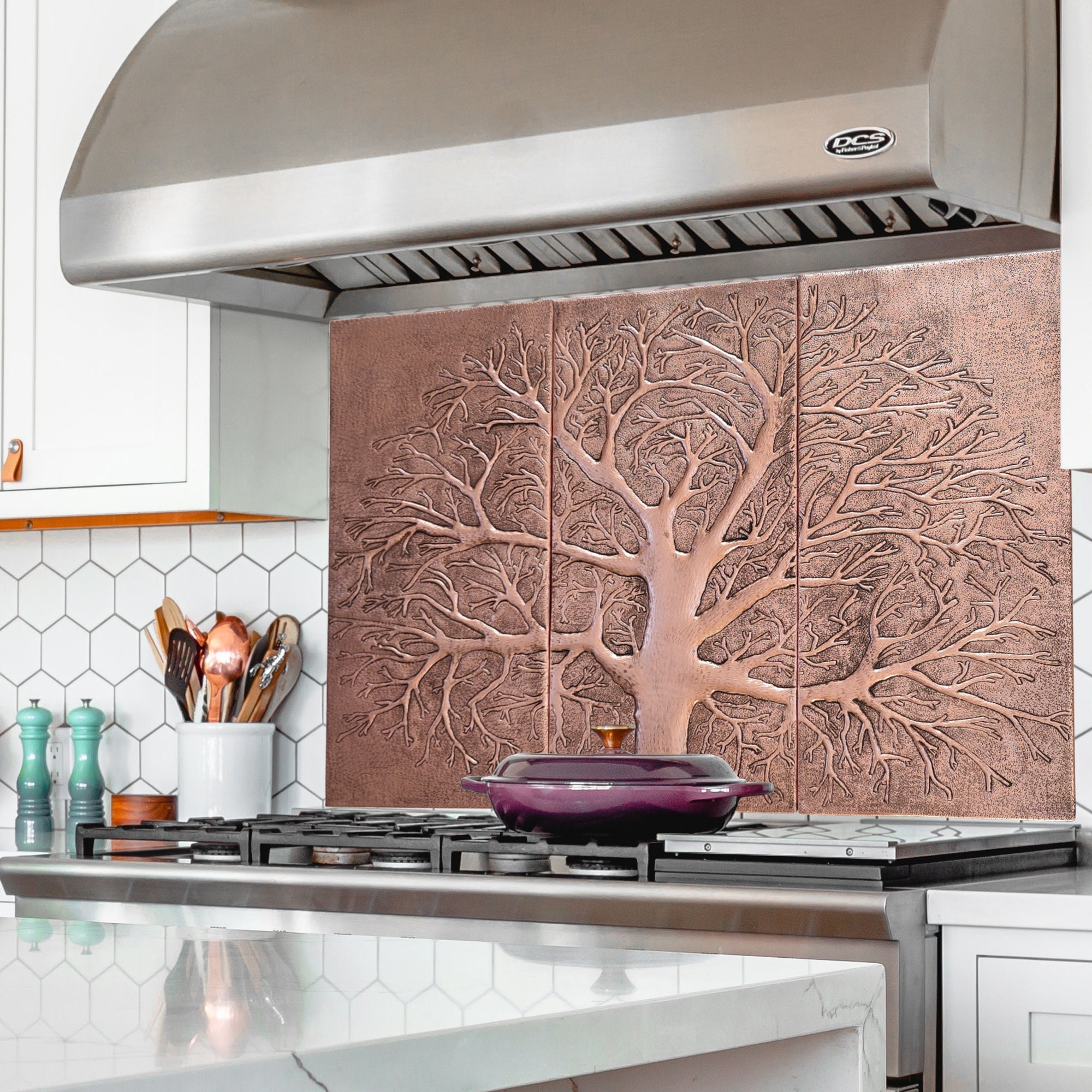 Indoor and Outdoor Wall Decor Set of 3 Copper Tiles, Kitchen Backsplash Tiles Mural, Copper Fireplace Decor, Handmade Copper Wall Tiles