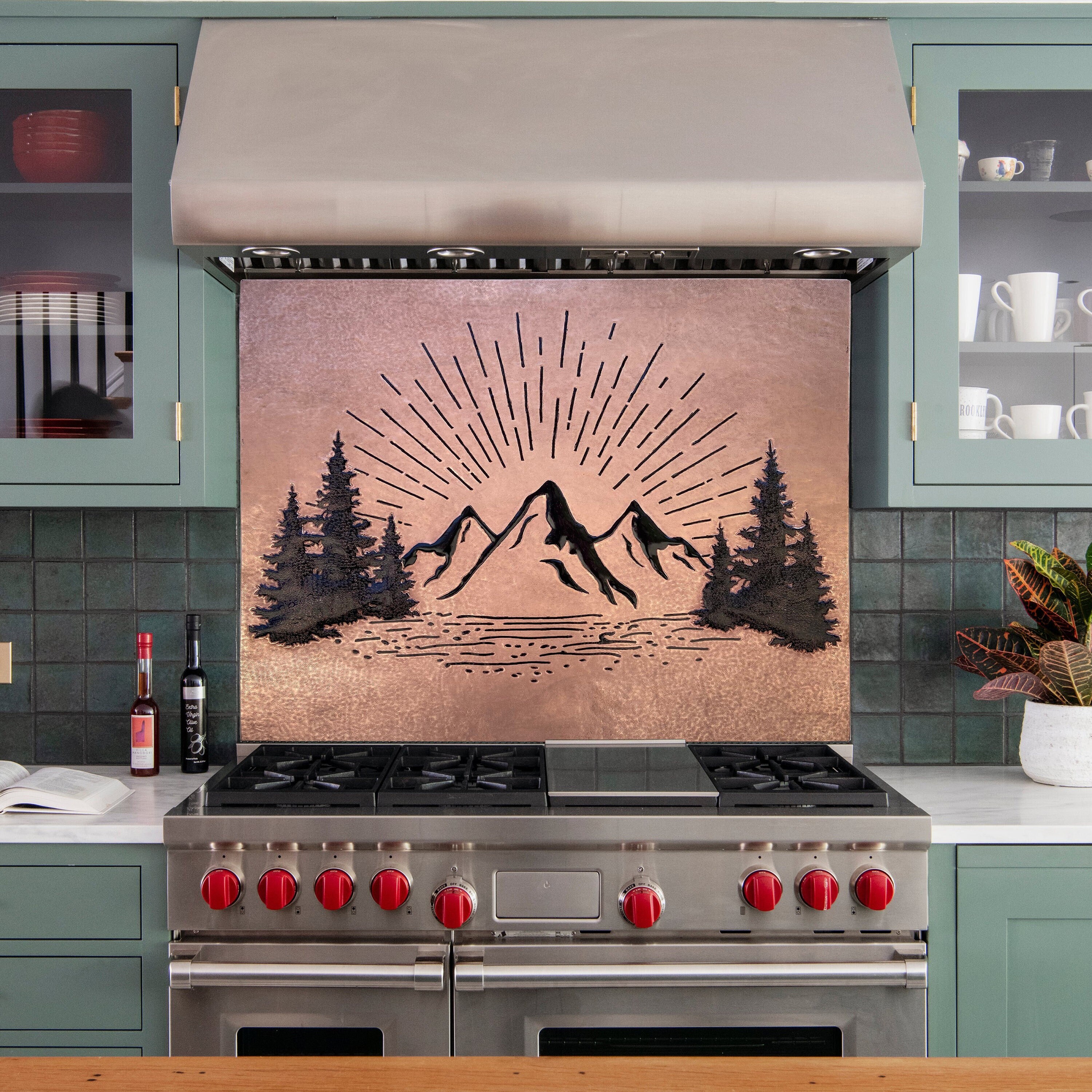 Handmade Copper Mountain Sunrise Backsplash Tile: Nature Wall Art