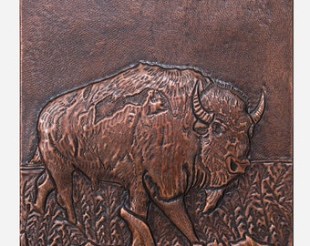 Cooktop Copper Backsplash Tile - Rustic Bison Hand-Embossed Metal Wall Art for Home & Kitchen Decor