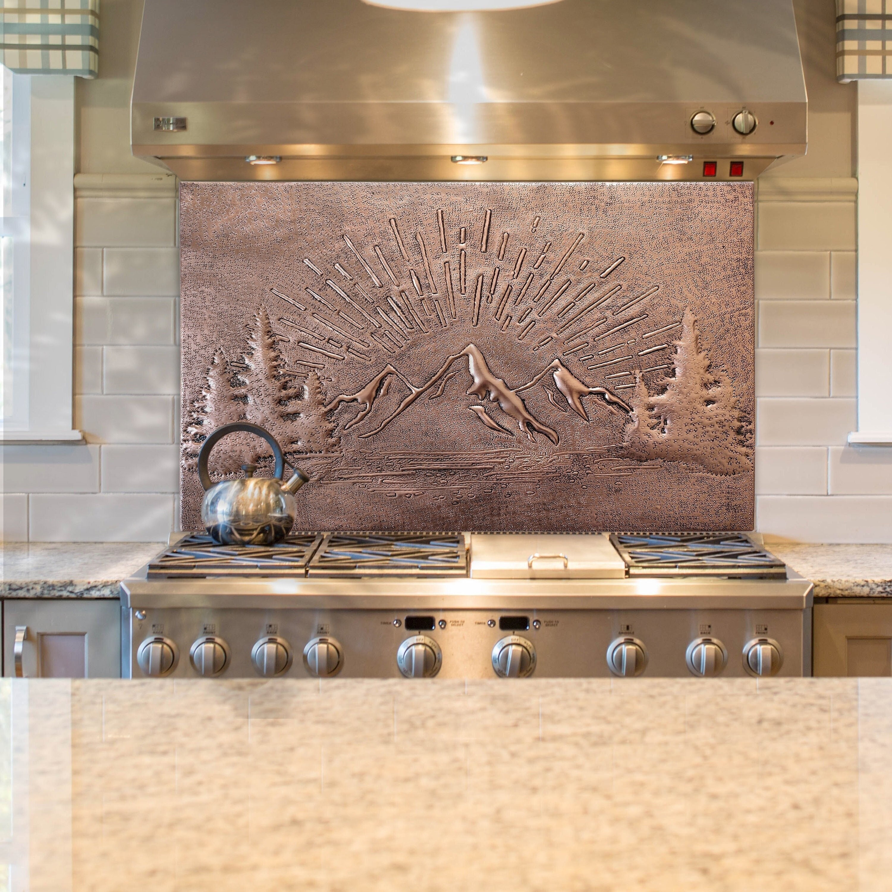 Rising Sun Behind the Mountains Nature Scene Copper Wall Art, Nature Copper  Kitchen Backsplash Tile Mural 