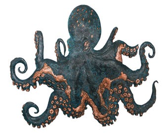 May include: A wall-mounted octopus sculpture featuring a dark teal and blue patina finish with exposed copper-colored highlights on the tentacles and head. The creature has eight curved arms with visible suction cups and a textured surface.