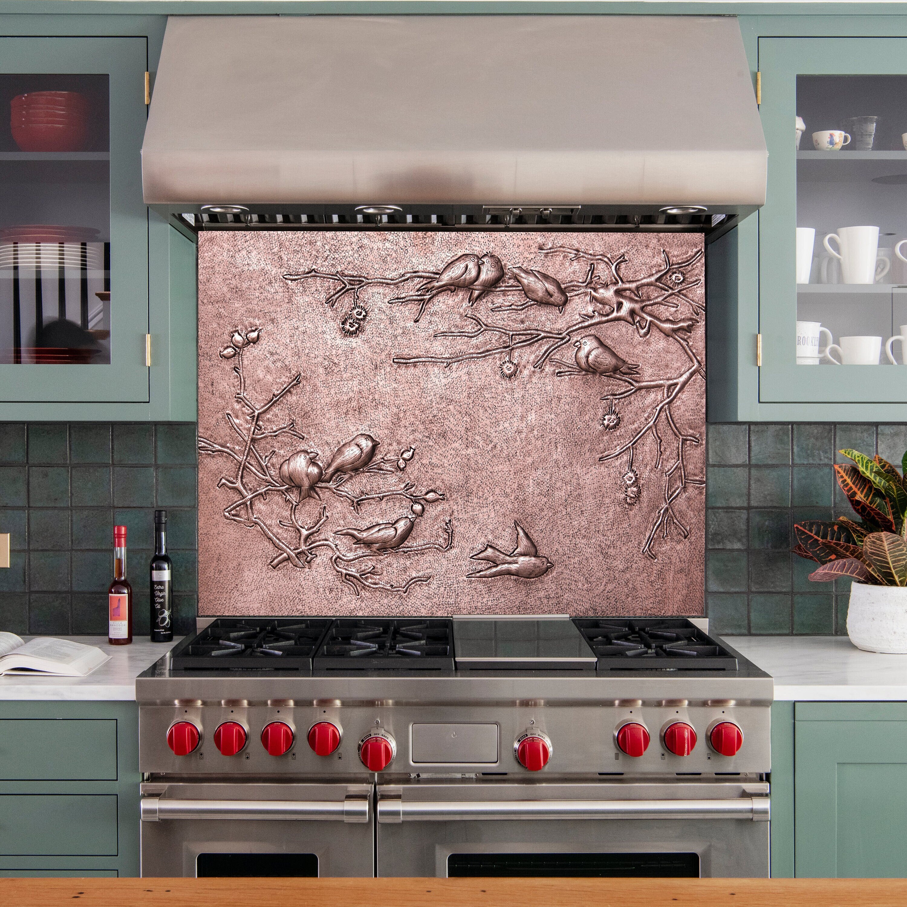 Handmade Copper Kitchen Backsplash Mural: Birds on Tree Branches Wall Art