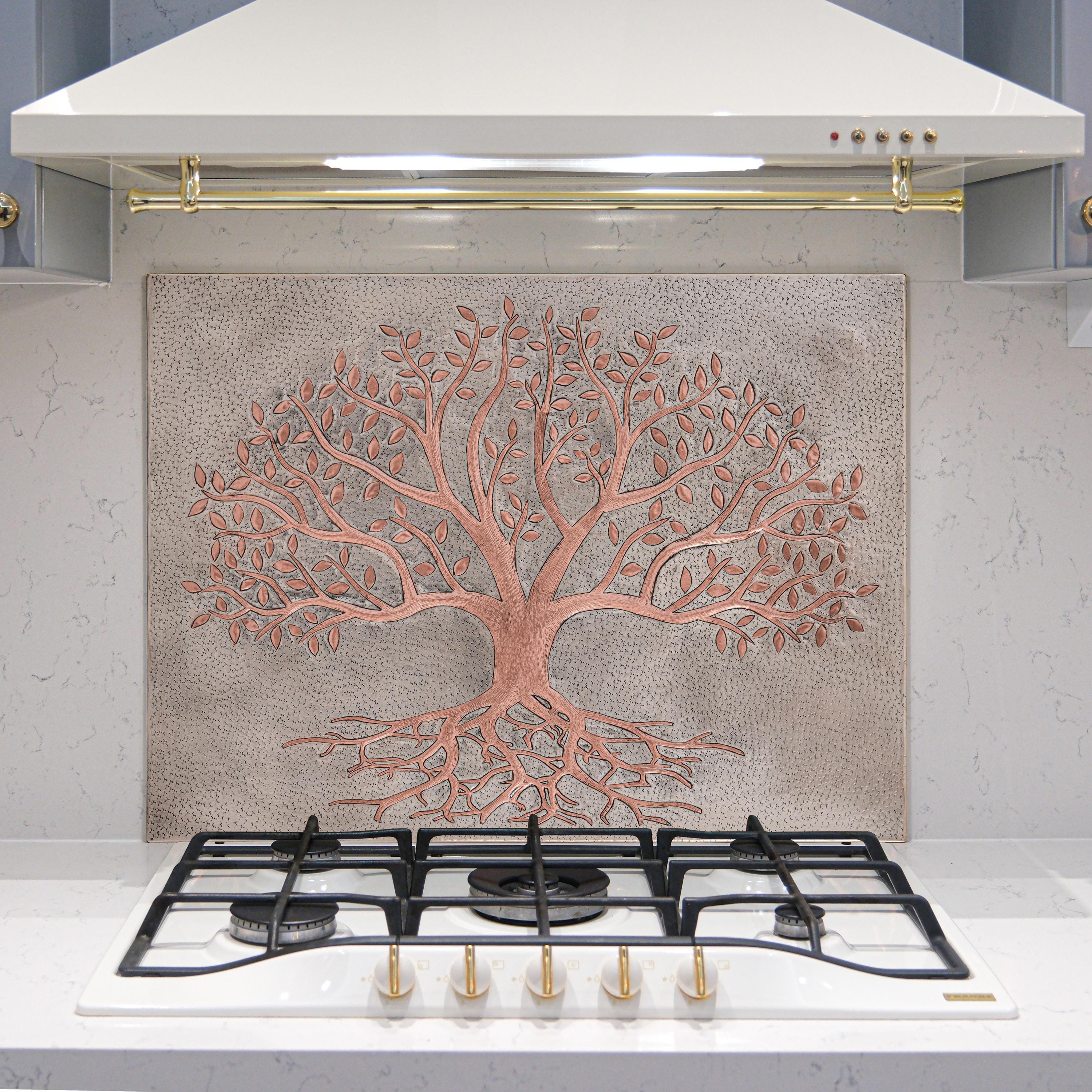 Handmade Copper Tree Backsplash Gray & Metal Wall Art