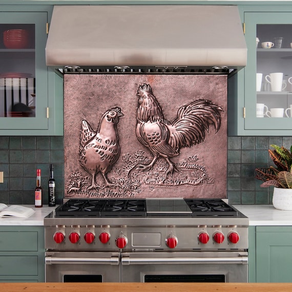 Farmhouse Kitchen Backsplash of a Rooster and Chicken Copper Decor, Rooster Kitchen Backsplash, Traditional Backsplash Art Decor - Etsy Add a touch of country charm to your farmhouse kitchen with this stunning Rooster and Chicken Copper Decor backsplash. Handcrafted with traditional art decor, this unique piece will bring warmth and character to your kitchen space. Available on Etsy, this rooster kitchen backsplash is sure to be a focal point in your home.
