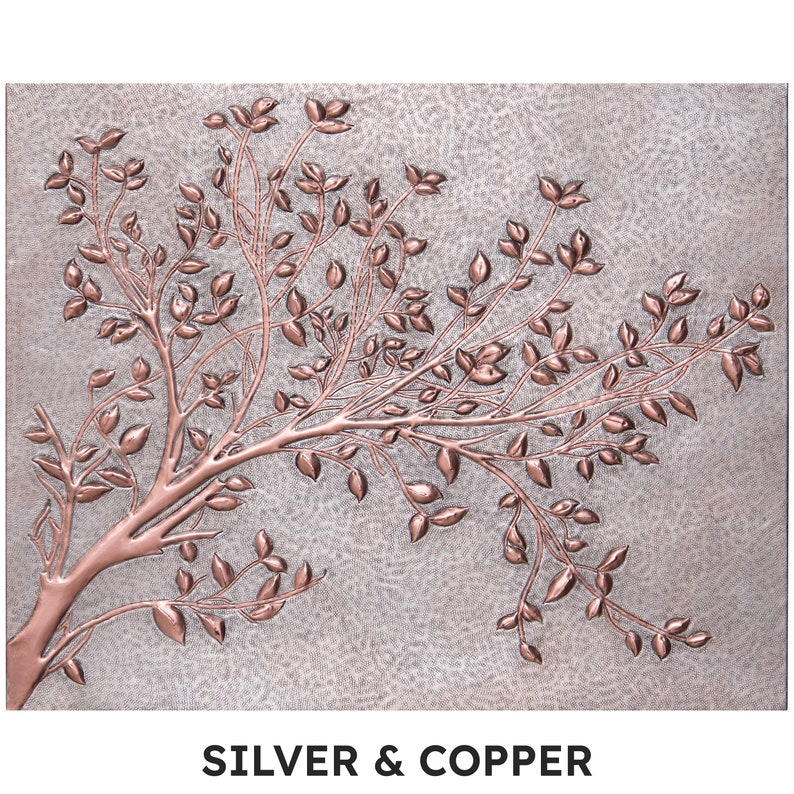 Tree Branches With Leaves Large Rectangular Copper Wall Art, Tree Branches Copper Kitchen Backsplash Tile Mural, Handmade Copper Artwork immagine 7