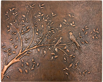 Birds on Tree Branches Copper Kitchen Backsplash Mural, Birds Wall Art, Custom Tree Branches Copper Tile, Handmade Fireplace Wall Art