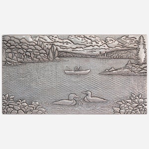 Gray Backsplash Tile - Handcrafted Lake Scene on Copper - Artistic Metal Wall Decor