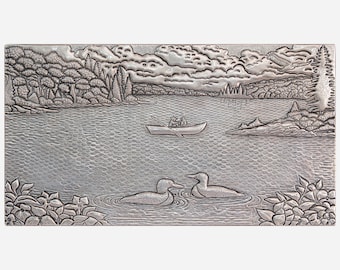 Gray Backsplash Tile - Handcrafted Lake Scene on Copper - Artistic Metal Wall Decor