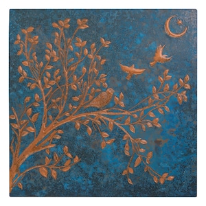 Blue Kitchen Backsplash Tile, Crescent and Star Wall Art, Bird on a Tree Branch Wall Decor, Tree Branches Copper Relief Art, Fireplace Decor