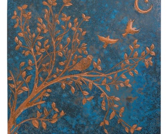 Blue Kitchen Backsplash Tile, Crescent and Star Wall Art, Bird on a Tree Branch Wall Decor, Tree Branches Copper Relief Art, Fireplace Decor