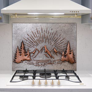 Hand-Hammered Copper Backsplash: Rising Sun, Mountain & Forest Wall Art