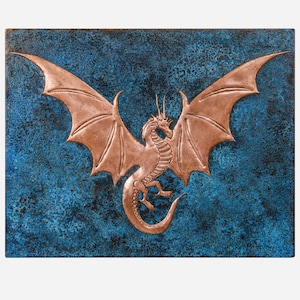 Copper Backsplash Panel (Dragon with Wings, Blue Patina)