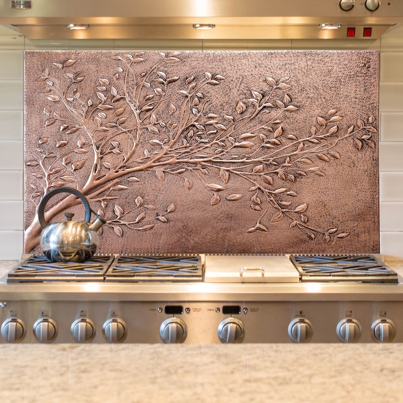 Tree Branches With Leaves Large Rectangular Copper Wall Art, Tree Branches Copper Kitchen Backsplash Tile Mural, Handmade Copper Artwork immagine 1