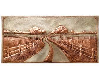 Pannello paraschizzi in rame per piano cottura da cucina (pannello "Strada di campagna con recinzione")