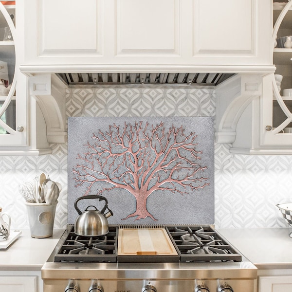 Tree of Life Copper Wall Decor, Copper Tree Kitchen Backsplash Panel Suitable for Stainless Steel Kitchen Appliances, Metal Kitchen Decor