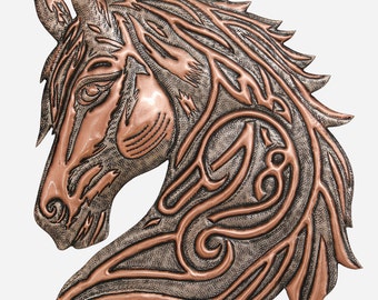 May include: A copper-toned metal wall plaque shaped as a horse head in profile. The design features raised, polished copper lines forming the horse's mane and facial features, contrasted against a recessed, dark, textured background surface.