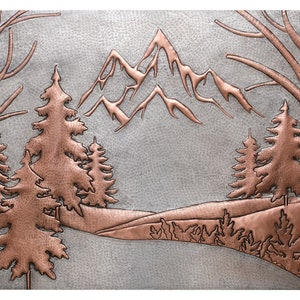 Handmade Copper Kitchen Backsplash: Rustic Pine Forest Mountain Scene ...