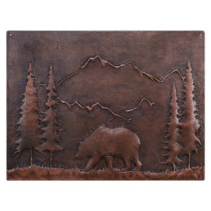 Bear and Mountains Scene Wall Decor, Nature Scene Wall Art, Wild Animal Metal Wall Panel, Mountain View Copper Wall Art