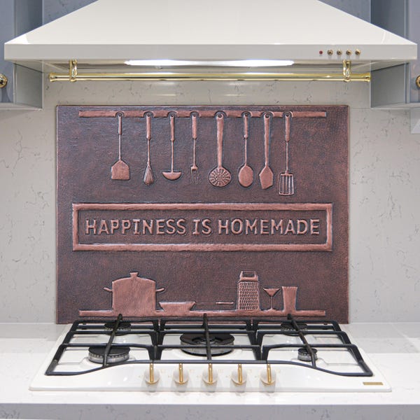Happiness Is Homemade Copper Backsplash, Kitchen Utensil Design, Farmhouse Kitchen Panel