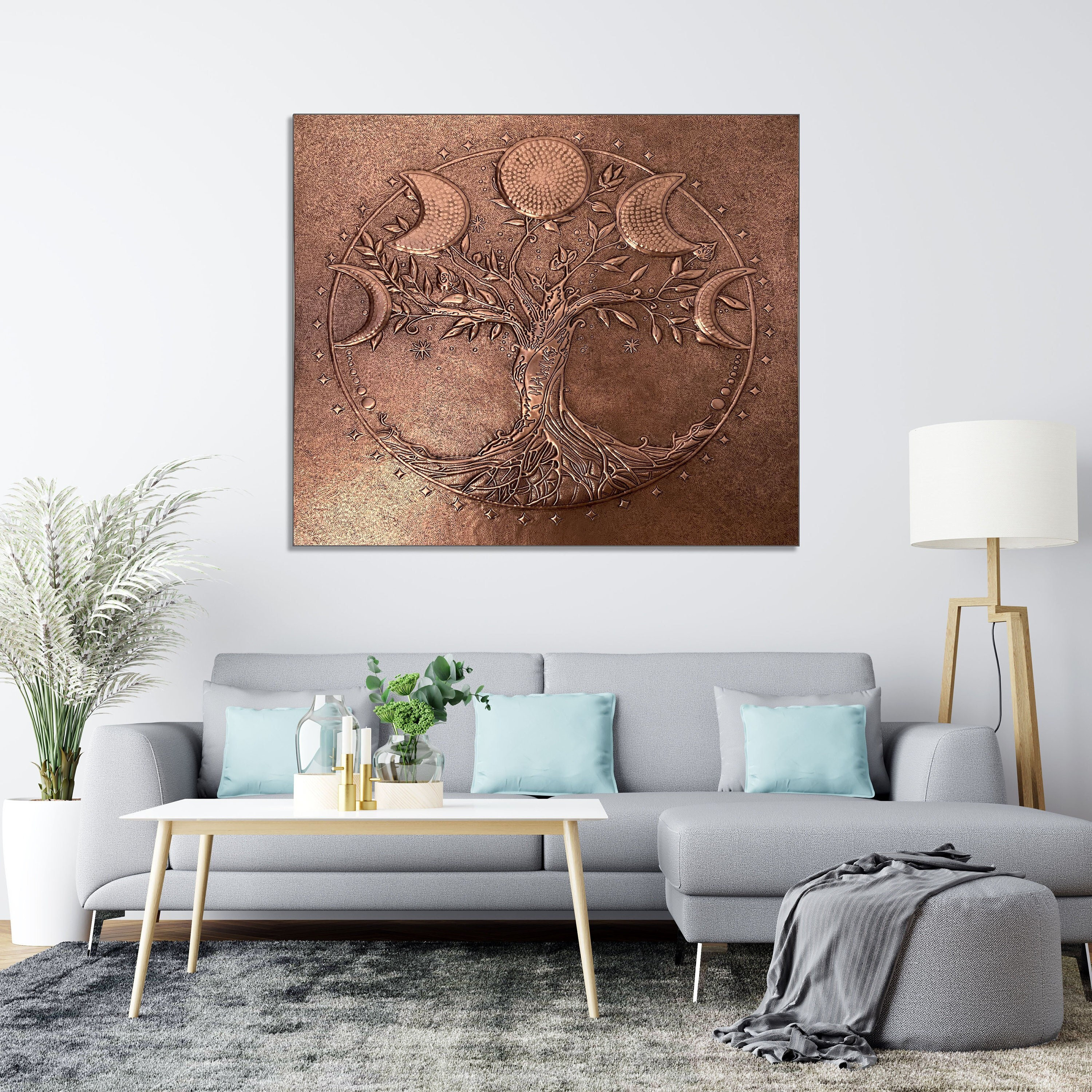 Handmade Copper Tree of Life Wall Art: Moon Phases Metal Sculpture