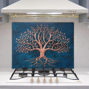 Tree with Roots Copper Backsplash – Blue Patina – Hammered Metal Wall Art – Rooted Tree Kitchen Backsplash – Rustic & Spiritual Home Decor