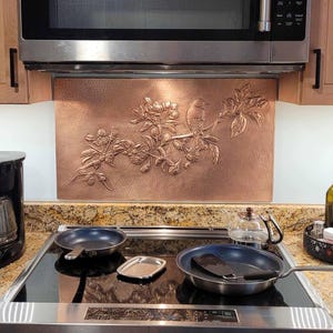 Copper Kitchen Backsplash Tile, Hawthorn Branch Backsplash Mural, Kitchen Splashback Over Stove, Bluebird Metal Splash Back