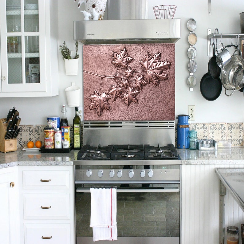Maple Tree Branches Kitchen Backsplash, Handmade Art Tile for Kitchens, Decorative Copper Panel for Stove Behind image 9