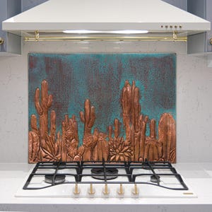 Hand-Hammered Copper Cactus Backsplash Tile: Southwestern Metal Art