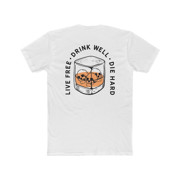 Hand-drawn Whiskey on the Skull Rocks, Liberty or Death - Men's Cotton Crew Tee - Two sided