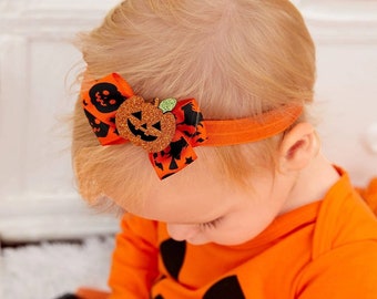 Halloween Bow (3 Pack ) halloween bows for baby, halloween pumpkin bows, halloween headband glitter , halloween hair accesories, halloween