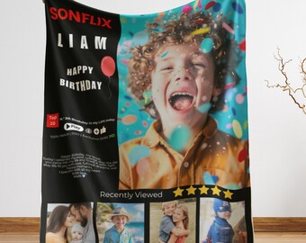 Custom Sonflix Birthday Blanket Netflix-Theme Throw with Name Photo & Text Personalized Gift for Son or Teen Boy Movie Night Fleece Blanket