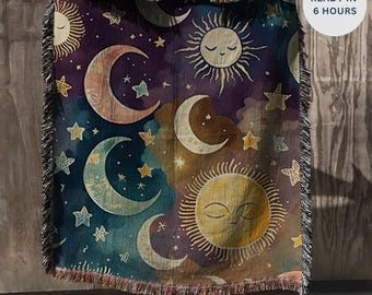 Custom Boho Sun and Moon Woven Blanket, Celestial Checkerboard Throw Blanket, Vintage Astrology-Inspired Tapestry, Cozy Bohemian Home decor