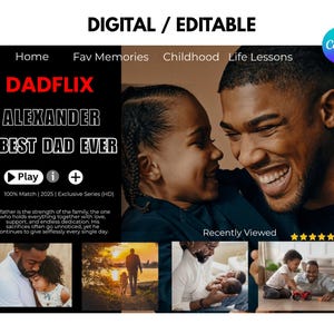 Modèle Canva Dadflix modifiable Cadeau numérique amusant pour la fête des pères des enfants Certificat personnalisé de style Netflix pour papa ou papa bonus fête des pères
