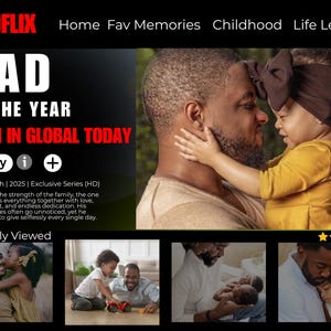 Puede incluir: Imagen promocional de Dadflix, con un padre y un niño. El texto dice "DAD OF THE YEAR" y "NO. 1 IN GLOBAL TODAY". La imagen incluye a un padre sosteniendo a un niño y otras imágenes con temas familiares.