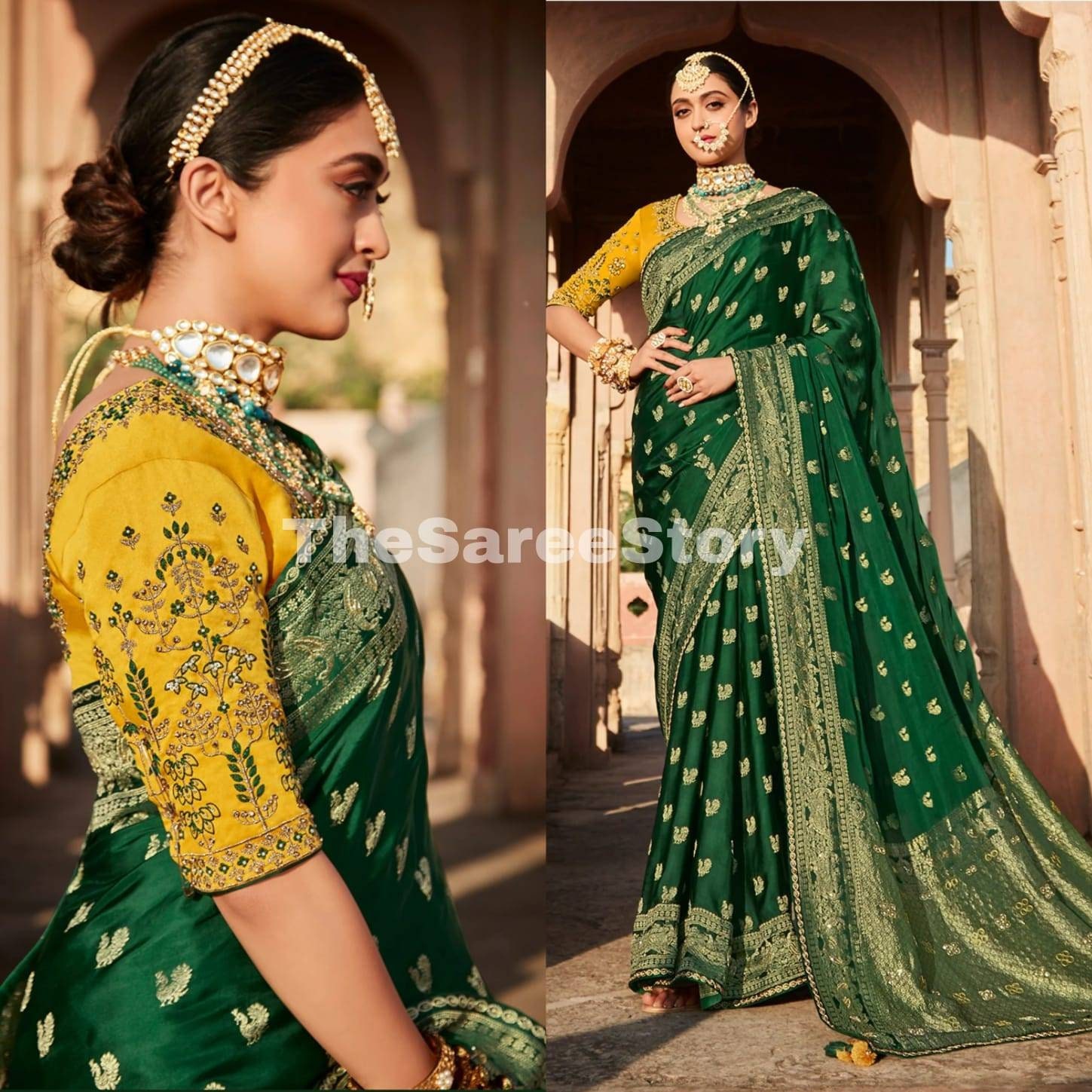 Royal Green Work Saree With Fully Embroidery Work Yellow - Etsy