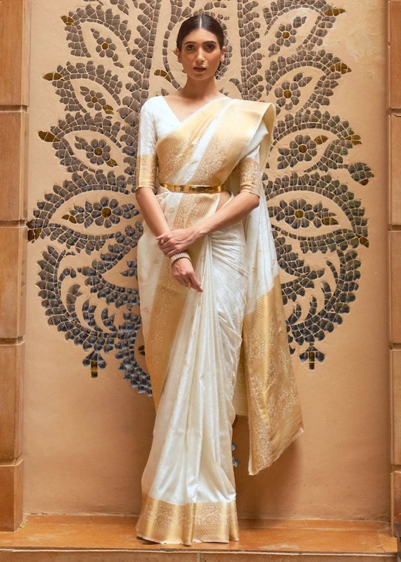 White saree with clearance golden border for wedding