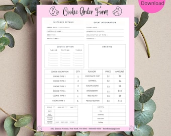 May include: A pink and white printable cookie order form with sections for customer details, event information, cookie options, and a drawing area. The form includes a table for listing cookie types, quantities, flavors, prices, and amounts.
