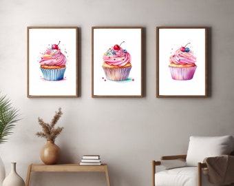 Cupcake Art Prints Baking Wall Art Cute Painting for Wall Food Artwork Kitchen Print