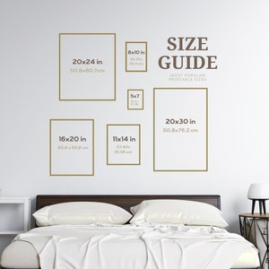 May include: A size guide for printable art prints, showing the most popular sizes in inches and centimeters. The guide includes sizes like 5x7, 8x10, 11x14, 16x20, 20x24, and 20x30.