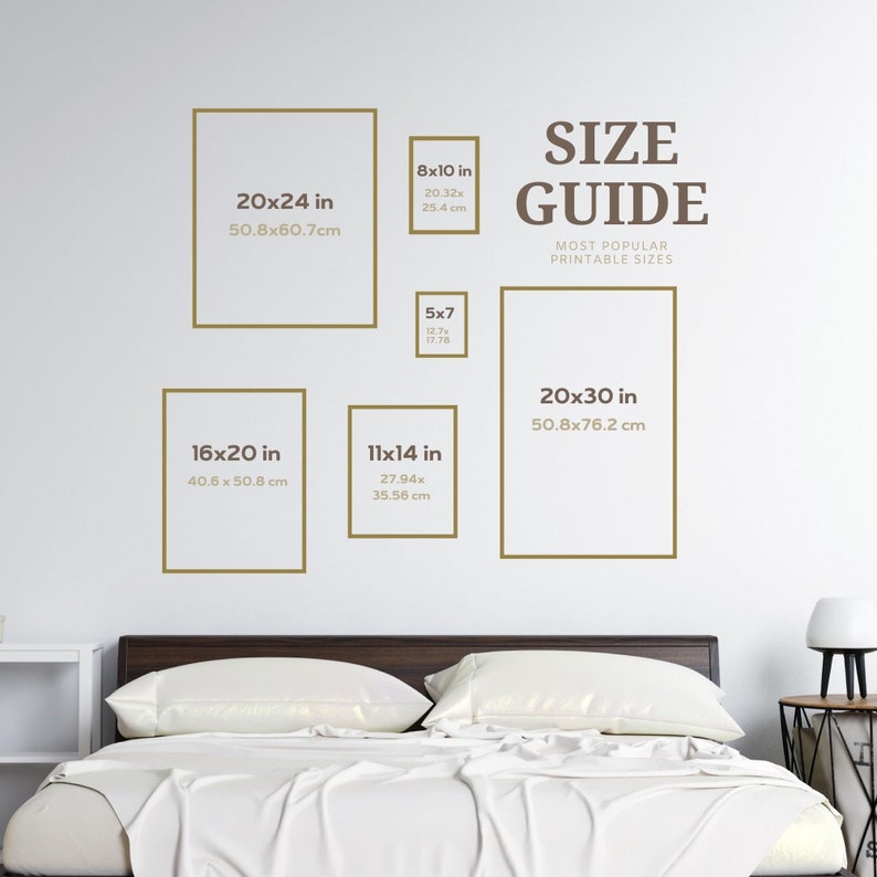 May include: A size guide for printable art prints, showing the most popular sizes in inches and centimeters. The guide includes sizes like 5x7, 8x10, 11x14, 16x20, 20x24, and 20x30.