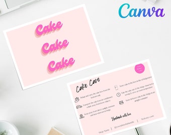 Modèle de carte de soins de gâteau Canva - Instructions d'entretien de paquet de gâteau modifiables - Modèle de carte de soins d'affaires de gâteau - Cartes de soins imprimables