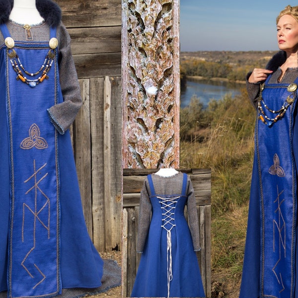 Ensemble de robe tablier viking costume celtique en laine Runes Norse robe à lacets costume médiéval femmes avec des femmes de vêtements de festival de broderie à la main