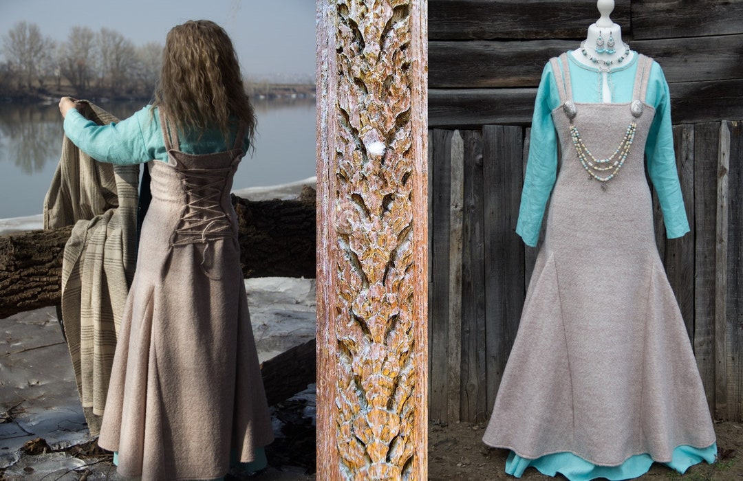 Viking Apron Dress Set Fairy Ice Forest Viking Tunic Green Wool Viking