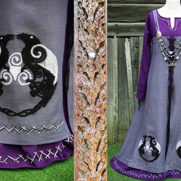 Raven Viking apron dress set with lacing Historical costume Viking wedding dress Linen Norse wedding Festival costume Handmade embroidery
