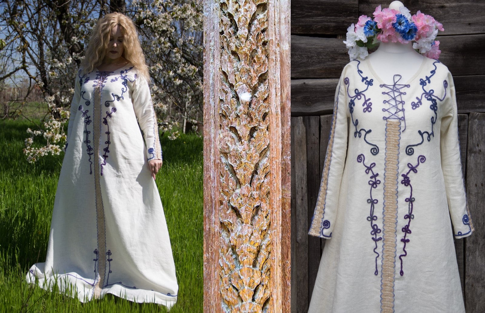 Trumpet Sleeve Embroidered Viking Wedding Dress in Ivory