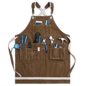 Personalized Heavy Duty Waxed Unisex Canvas Work Apron with Tool Pockets Cross Back Straps Adjustable for Woodworking Painting 5004