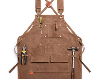 Personalisierte maßgeschneiderte Dicke Leinwand Arbeitsschürze mit Werkzeugtaschen Cross Back Straps Verstellbar für die Holzbearbeitung Malerei Garten BBQ 5002