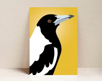 Magpie Print, Bird Print, Australian Bird Wall Art, Digital Illustration