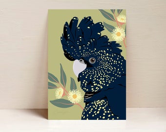 Red Tailed Black Cockatoo Print, Parrot Print, Australian Bird Wall Art, Digital Illustration